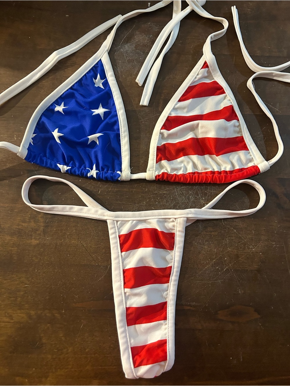 NWOT Sexy Skimpy Handmade Patriotic American Flag Tri-Top Legal Thong Bikini Set